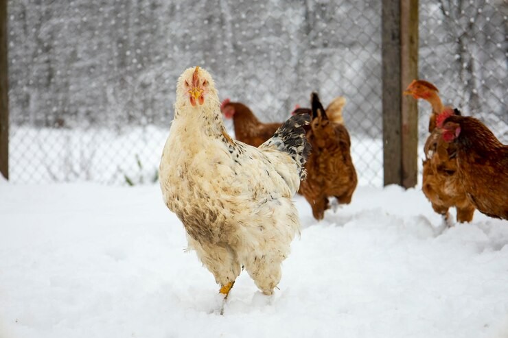 White chicken on a blurred snowy background