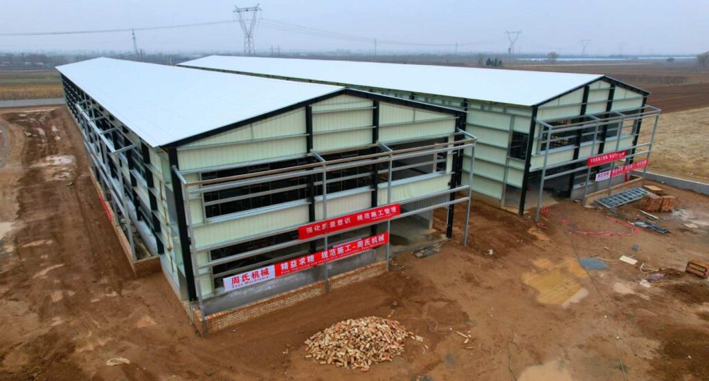 Large commercial layer farm poultry houses prepared for an integrated ventilation system